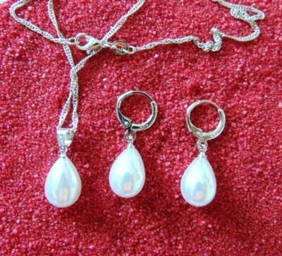 925 Silber Schmuck Set Weiße Süßw Perlen Tropfen Halskette Anhänger Creolen - Bild 1 von 4