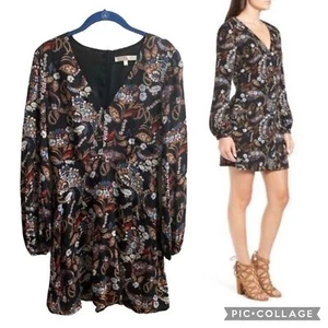 Wayf Malone Paisley nero floreale scollo a V mini abito swing taglia small foderato autunnale - Foto 1 di 15