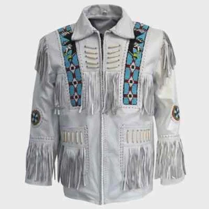 Men Native American Western Cowboy Leather Jacket Suede Fringe & Eagle Bead Work - Picture 1 of 3