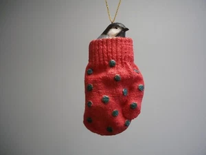 Black & White Finch Bird Nestled Inside Red & Green Mitten XMas Ornament - Picture 1 of 6