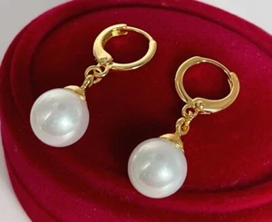 Luxus Perlen Ohrringe Creolen Hänger 585er Gold 14K vergoldet Damen 29mm - Bild 1 von 8