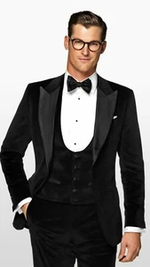 Men Black Suits Velvet Designer Wedding Dinner Suits (Coat+Waistcoat+Pants) UK - Picture 1 of 3