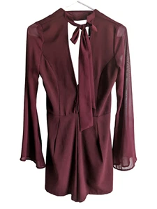 Solemio Womens Burgundy Plunge Neck Romper Sheer Bell Sleeve Zip Back Neck Tie S - Picture 1 of 10