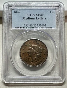 1837 CORNET HEAD LARGE CENT PCGS XF40 MEDIUM LETTERS - Picture 1 of 4