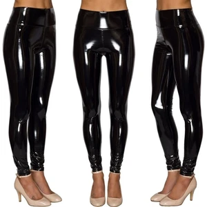 Allacki Wet Look Shiny Vinyl PVC High Waist Stretch Leggings Pencil Pants - Picture 1 of 11