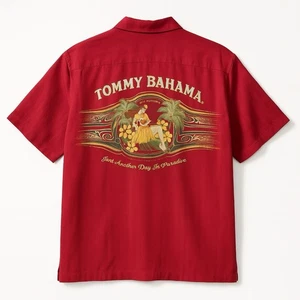 Camicia Tommy Bahama XL rossa 100% seta ricamata pannelli floreali retro grafica hula  - Foto 1 di 12