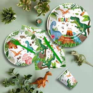 Dinosaurio Cumpleaños Fiesta Suministros Niño Dino Decoraciones Vajilla Papel Plato Taza - Imagen 1 de 7
