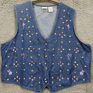 VTG Bobbie Brooks Denim Vest 22W/24W Floral Grandma Embroidery Cottagecore EUC - Picture 1 of 8