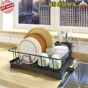 Dish Drying Rack Steel Organizer Utensil Holder W/ Detachable Tray Water Spout - Picture 1 of 7