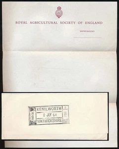 GB PARCEL POST KENILWORTH 1964 POSTMARK on ROYAL AGRICULTURAL SOCIETY NOTEPAPER - Picture 1 of 1