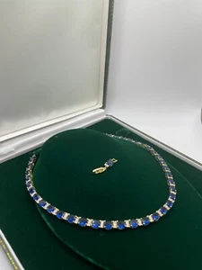 COLLANA DIAMANTE FINITURA ORO GIALLO Taglio Ovale Zaffiro Blu e Taglio Rotondo Creata - Foto 1 di 5