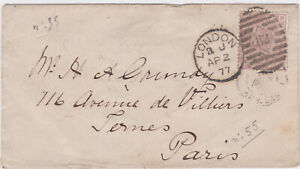 1877 QV 2½d ROSY MAUVE STAMP ON LONDON SMALL COVER TO PARIS FRANCE