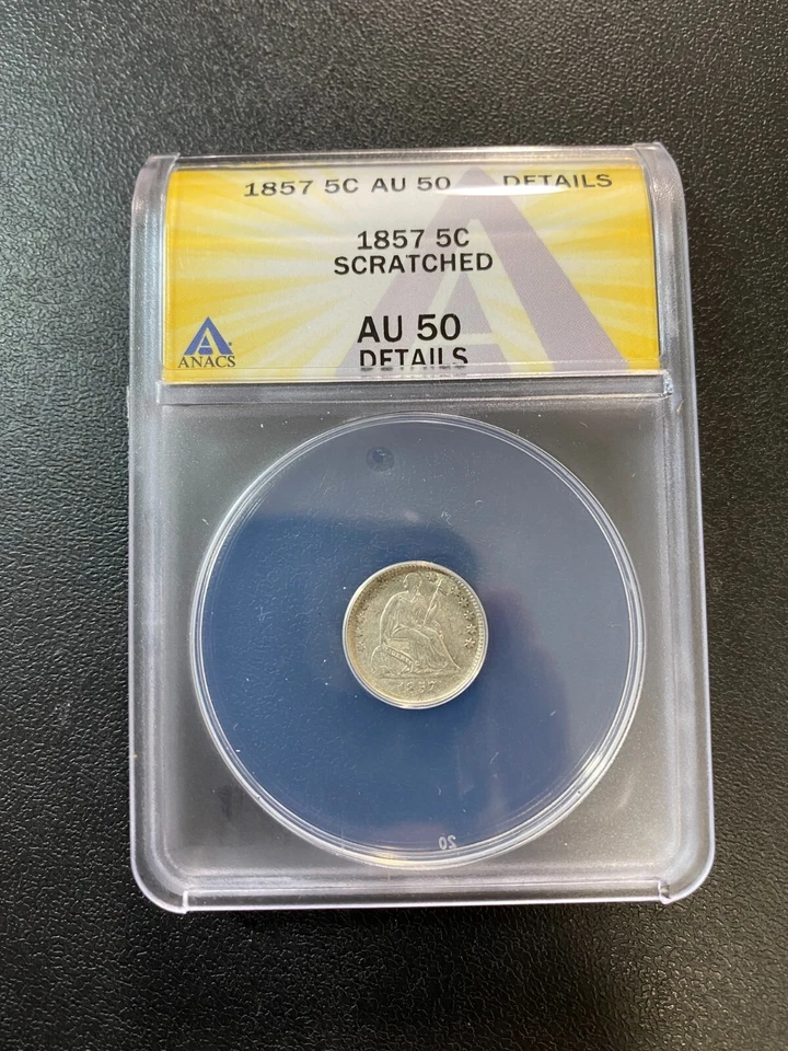 1857 SEATED LIBERTY HALF DIME ANACS AU-50 DET - ABOUT UNCIRCULATED - SLAB - 5C - Image 1 of 2