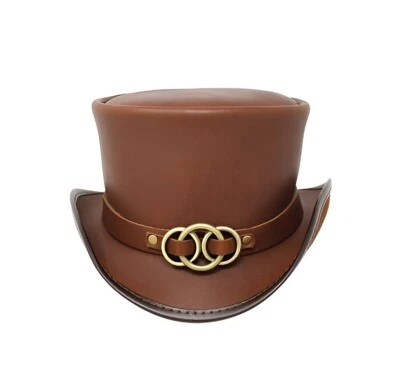Brown Leather Gothic Victorian Steampunk Top Hat Interlocking Rings Band - Image 1 of 3