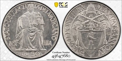 1942 Cidade do Vaticano Anno IV 50 Centesimi PCGS MS66 4819 - Imagem 1 de 4