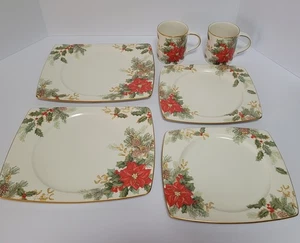 2 Mikasa "Holiday Bloom"  3 Piece Dinner Sets Rectangle Gold Trim Salad Mugs - Picture 1 of 6