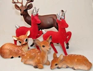 Lotto Vintage Plastica RENNA Bambi Cervo Floccato Statuina Ornamenti Natalizi - Foto 1 di 7