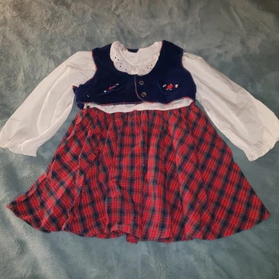 Vintage 90s Bryan Holiday Girls Size 4T 2 Piece Blue Vest Red Plaid School Dress - Image 1 of 4
