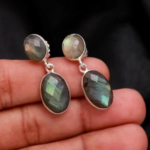 Fire Labradorite Gemstone Handmade 925 Sterling Silver Jewelry Stud Earring - Picture 1 of 4