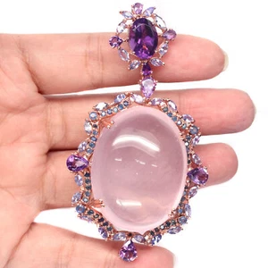 Unheated Gemstone Rose Quartz, Amethyst, Tanzanite & Sapphire Brooch 925 Silver - Picture 1 of 4