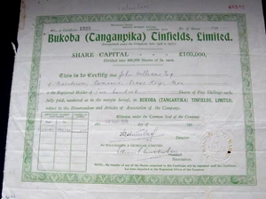 East Africa - Share Scrip. 1928 Bukoba (Tanganyika) Tinfields Limited.. VF - Imagen 1 de 1