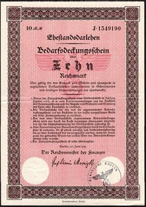 10 Reichsmark 1933 - Ehestandsdarlehen - Serie: J 1549190 - Leihanleihe - "D62" - Bild 1 von 4
