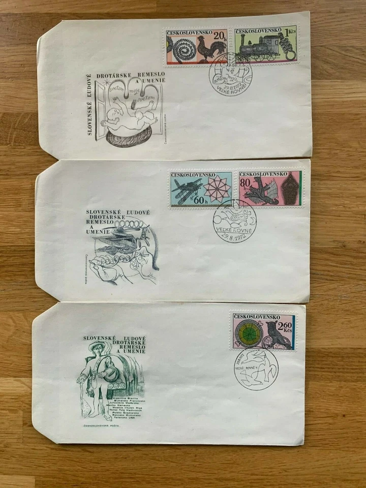 Checoslovaquia 1972 FDC x 3 cables arte tren motor locomotora gallo dragón avión Foto 1 de 1