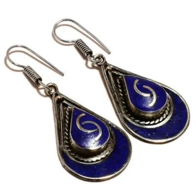 Lapis Lazuli Gemstone Antique Handcrafted Rope Bezel Oxidized Tibetan Earrings - Image 1 of 3