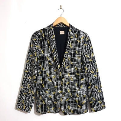 Pennyblack Jacket Sz 8 Black White Yellow Dragonfly Print Lined Collar Button - Image 1 of 4