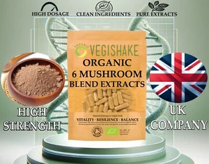 Organic 6 Mushroom Capsules High Extract Fruiting Body UK British Supplements - Picture 1 of 10