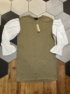NWT Mustard seed Olive Green Balloon Sleeve Dress L Boutique Style Fall Fashion - Picture 1 of 4