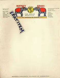 Color Letterhead BARTOK'S 3 RING CIRCUS Elephant SARASOTA FLORIDA Talavast Road - Picture 1 of 1