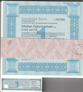 Lot 100 Stück Deutsche Bank Inhaber-Optionsschein 1 Aktie von 1986 - Bild 1 von 1