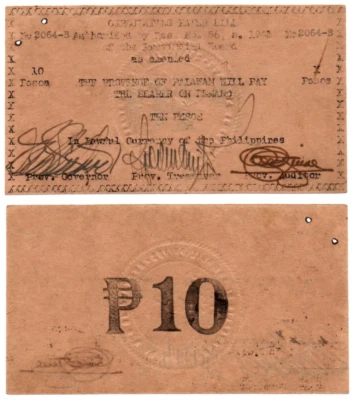 1943 Philippine Province of PALAWAN 10 Peso PAL-154 S817 5k Printed Manila Paper - Image 1 of 4