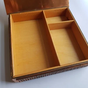 1960s Hungary brass brutalist trinket jewellery box motif MCM 20cm wood vintage - Picture 1 of 24