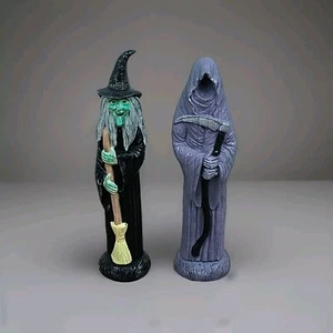 Halloween Figurines Witch And The Grim Reaper Statue Ceramic 9 Inches Tall - Picture 1 of 18