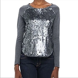 NWT MILLY GRAY Merino Wool Sequin Sweater L Large Top Knit Pullover Scoop Neck - Picture 1 of 10