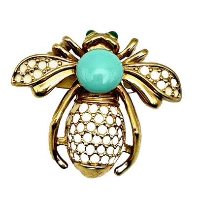 BROCHE INSETO VOADOR Vintage Tom Dourado Esmalte Falso Turquesa - 1 1/2" X 1 3/4" - Imagem 1 de 4