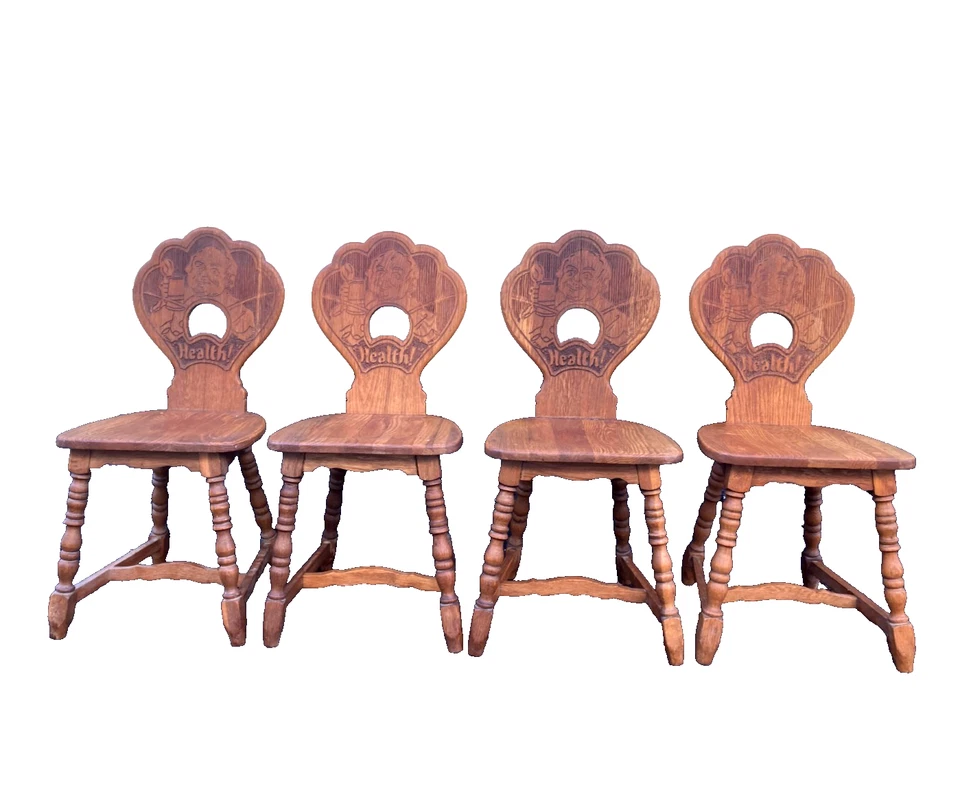 Antiguo juego de 4 sillas de cocina de comedor con respaldo a presión de madera de roble - ¡Extremadamente raras!! Foto 1 de 4