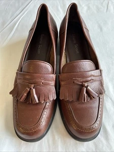 Laura Scott Brown Leather Loafers Size 7 With Tassels And Fringe - Block Heel - Picture 1 of 22