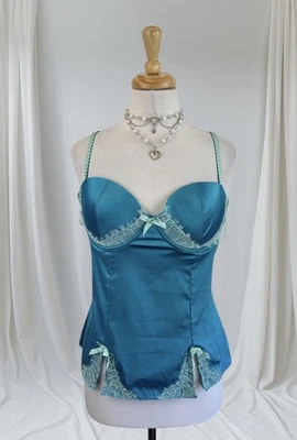 Blue Satin Bustier Top Lingerie Lace Bow Fairy Ethereal Dreamy Coquette Size L - Image 1 of 4