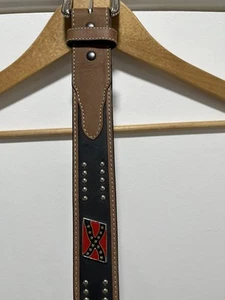 Genuine Leather Belt With Flags Silver Color Buckle 32 Vintage - Picture 1 of 16