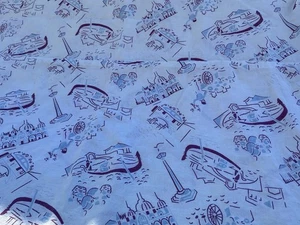 Vintage Cotton Fabric VENICE MCM Purple/Light Blue 1960s Large Cutter 66X86” A20 - Picture 1 of 7