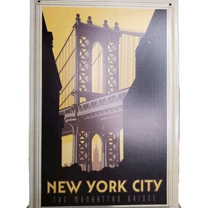 Tin Sign Manhattan Bridge Travel Poster  Wall Decor Metal 12" x 8" Vintage Repro - Picture 1 of 11