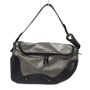 Auth CELINE - Silver Black Leather Wood Shoulder Bag - Picture 1 of 8