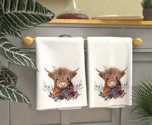 2 Piece Highland Cow Kitchen Hand Guest Flannel Towel Home Decor - Picture 1 of 3