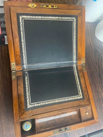 Antique Writing Box 1800's Victorian Travel Carriage Lap Desk Wood Brass Inlaid Cover