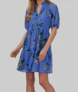 CeCe Women's Blue Ruffled Floral Puff-Sleeve Babydoll Tiered Shift Dress Size L - Picture 1 of 2