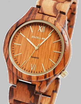 Holzuhr Damen Frauen Gold Braun Zebraholz edel Holz Armbanduhr Quarz 1800237 NEU - Bild 1 von 4