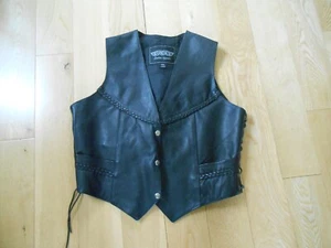 LEATHER VEST-BLACK-UNIK-BIKER-MOTORCYCLE-WOMENS SIZE XL-BRAIDED TRIM-EXCELLENT! - Picture 1 of 6